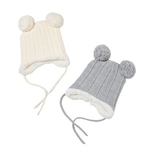 New Infant Toddler Fleece Lined Pom Pom Bonnet Cozy Knit Fall Winter Hat